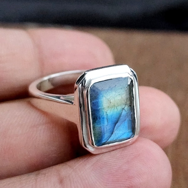 Labradorite Ring Natural, 925 Solid Sterling Silver Ring, 22K Yellow Gold Fill Ring, Beautiful Blue Flashy Labradorite Gemstone, Gift Ring