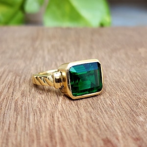 Gold Green Emerald Signet Ring 925 Sterling Silver Ring Men Ring Women Ring Gift Ring Engraved Ring Square Emerald Gemstone Ring