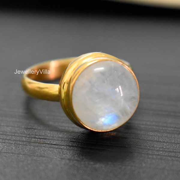 Moonstone Ring, Engraved Ring, 925 Solid Sterling Silver Ring, Round Cut Natural Rainbow Moonstone, Rose Gold, 22K Yellow Gold Fill Ring