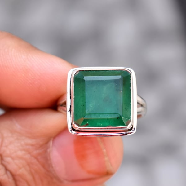 Emerald Ring Gold, Square Green Emerald Quartz Gemstone Ring, 925 Solid Sterling Silver, Womens Ring, Mens Ring, Gift Ring, Engraved Ring
