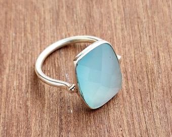 Boho Gift Ring, Aqua Chalcedony Ring, 22K Yellow Gold Ring, Designer Ring, Women Ring, Minimalist Ring, Bezel Set Ring, 925 Sterling Silver