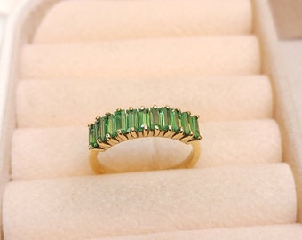 Baguette Emerald Eternity Ring, 18k Yellow Gold, 925 Sterling Silver, Birthstone Ring, Gift For Her, Engagement Rings, Green Gemstone Ring