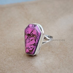 Pink Turquoise Coffin Ring, 925 Sterling Silver Ring, Handmade Boho Coffin Shape Ring, Copper Turquoise Gemstone Jewelry, Women Gift Ring