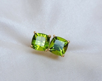 Green Peridot Stud Earrings, Yellow Gold Earrings, 925 Sterling Silver Stud Earring, Cushion Green Gemstone Earrings, Handmade Earrings