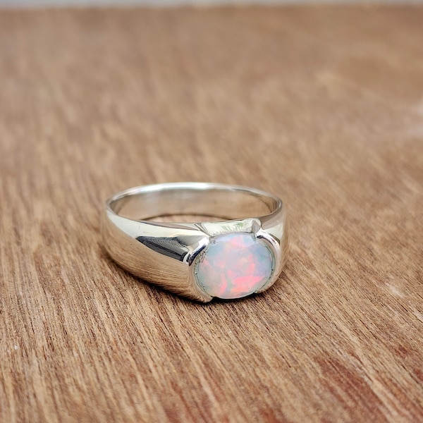 Chevalière en opale naturelle, bague en argent massif 925, véritable petite bague ovale en pierres précieuses, bague cadeau