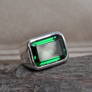Emerald Ring, Engraved Ring, 925 Solid Sterling Silver Ring, High Quality Green Emerald Quartz Ring, Mens Ring, Yellow Gold Ring, Gift Ring