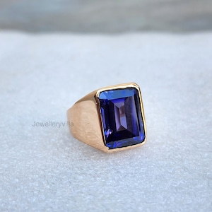 Zegelring tanzaniet, 925 sterlingzilveren ring, blauwe tanzaniet smaragd geslepen edelsteenring, damesring, herenring, cadeauring, geelgouden ring