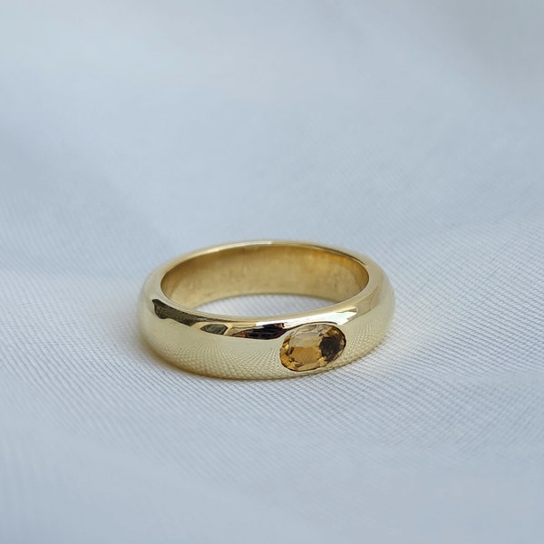 Zegelring natuurlijke citrien, 18k geelgouden ring, 925 sterlingzilveren ring, ovale echte citrien edelsteenring, minimalistische geboortesteenring