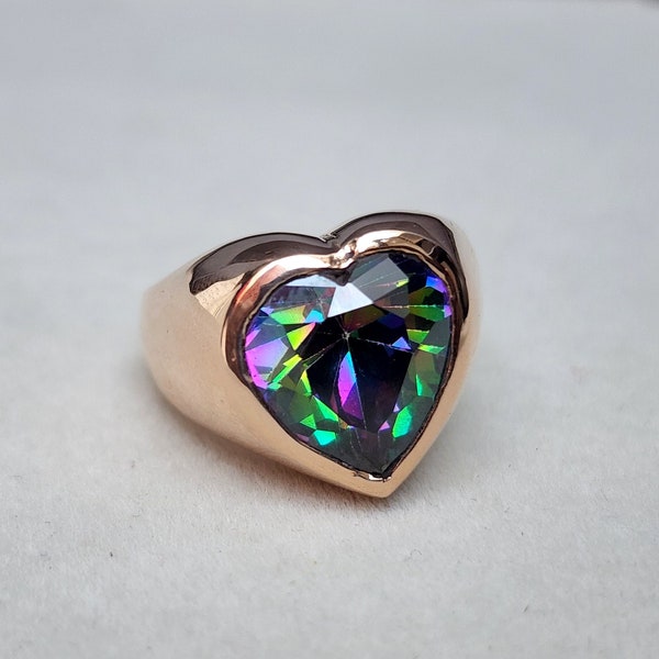 Mystic Topaz Signet Ring, 925 Solid Sterling Silver Ring, Rainbow Topaz Heart Shape Ring, Engraved Ring, Yellow Gold Ring, Gift Ring