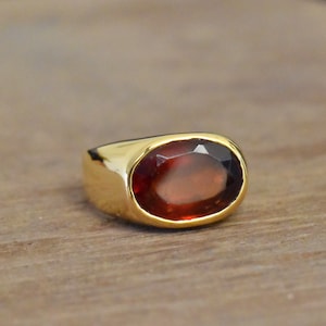 Natural Garnet Ring, Oval Shape Hessonite Garnet Gemstone Ring, Engraved Ring, 925 Solid Sterling Silver Ring, Yellow Gold Ring, Gift Ring