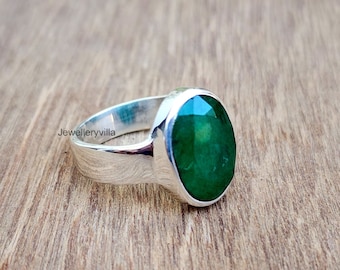 Genuine Oval Emerald Ring, 925 Solid Sterling Silver Ring, Engraved Ring, Yellow Gold Ring, Green Natural Emerald Statement Ring, Gift Ring
