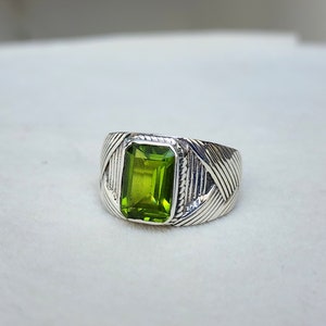 Peridot Ring for Men, Signet Designer Ring, Boho Ring, Solid Sterling Silver Ring, Cushion Green Stone Ring, Gift Ring, Birthstone Ring