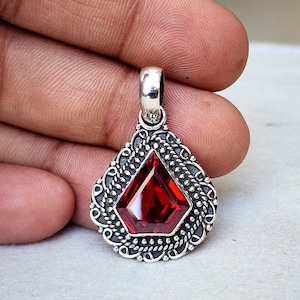 Red Garnet Pendant, 925 Solid Sterling Silver Pendant, Diamond Shape Gemstone Pendant, Designer Handmade Pendant, Gift Pendant Necklace