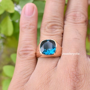 Blue Topaz Ring, Mens Ring, Cushion Cut London Blue Topaz Quartz Gemstone Ring, 925 Solid Sterling Silver, Rose Gold, 22K Yellow Gold Fill