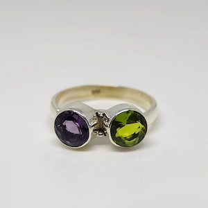 Peridot Ring, Amethyst Ring, 925 Solid Sterling Silver Ring, Two Gemstones Ring, Yellow Gold Ring, Women Ring, Boho Ring, Gift Ring
