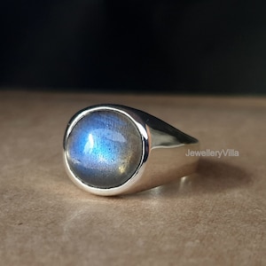 Natural Round Labradorite Signet Ring, 925 Solid Sterling Silver Ring, Engraved Ring, Yellow Gold Ring, Women Ring, Men Signet Gift Ring