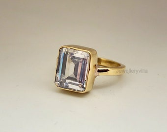 Clear Quartz Ring, Yellow Gold Ring, 925 Sterling Silver Ring, Square Crystal Quartz Gemstone Ring, Women Statement Ring, Boho Gift Ring