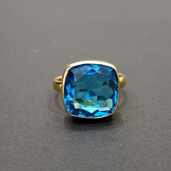 Blue Topaz Quartz Ring, 925 Solid Sterling Silver Ring, 22K Yellow Gold Ring, Handmade Ring, Blue Stone Ring, Gemstone Ring, Women Ring