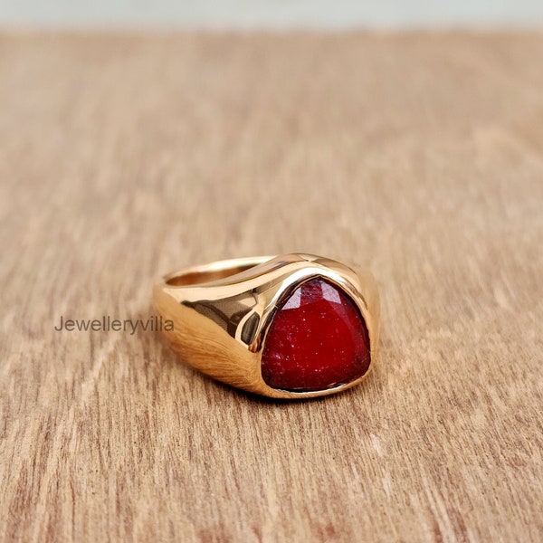 Chevalière en rubis naturel, bague en argent massif 925, bague en cuivre, bague en pierre précieuse rubis rouge en forme de triangle