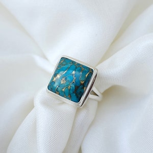 Quadratischer Türkisring, 925er Sterlingsilberring, Boho-Ring, Frauenring, natürlicher blauer Türkisedelstein, Geschenkring