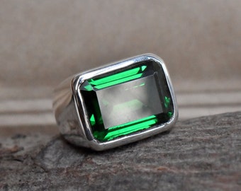 Emerald Ring, Engraved Ring, 925 Solid Sterling Silver Ring, High Quality Green Emerald Quartz Ring, Mens Ring, Yellow Gold Ring, Gift Ring