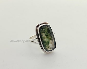 Anillo de ágata de musgo verde, anillo de plata de ley 925, anillo de aniversario, joyería hecha a mano, anillo de declaración, anillo Boho, regalo para ella, anillo de oro de 18k