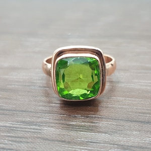 Green Peridot Ring, 925 Sterling Silver Ring, Cushion Cut Peridot Quartz Gemstone, Rose Gold, Yellow Gold Fill Ring, Womens Ring