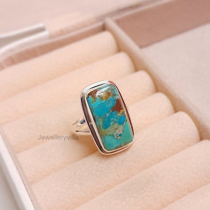 Turquoise Ring, 925 Sterling Silver Ring, Natural Rectangle Turquoise Gemstone Ring, Gift Ring, Handmade Boho Ring, December Birthstone Ring