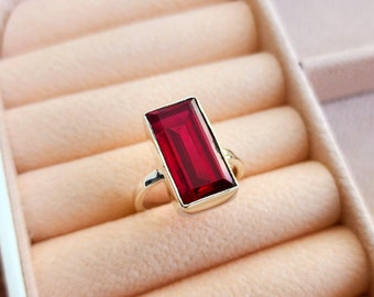 Ruby Ring, Red Rectangle Gemstone Ring, 925 Solid Sterling Silver Ring,  Yellow Gold Ring, Gift Ring, Women Ring, Statement Ruby Jewelry