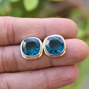 Blue Topaz Earrings, Stud Earrings, Beautiful London Blue Topaz Quartz Gemstone Earrings, 925 Solid Silver Earrings, Yellow Gold Fill