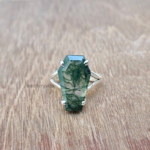 Moss Agate Coffin Ring, 925 Sterling Silver Ring, Handmade Boho Coffin Shape Ring, Yellow Gold Ring, Women Ring, Moss Agate Gemstone Jewelry