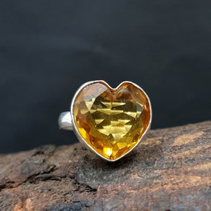 Citrine Ring Quartz, 925 Solid Sterling Silver Ring, Heart Shape Citrine Quartz Gemstone, Rose Gold, 22K Yellow Gold Fill Ring