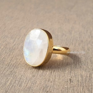 Natural Moonstone Ring, Handmade Ring, 925 Solid Sterling Silver Ring, Yellow Gold Plating Ring, Women Ring, Rainbow Moonstone Jewelry