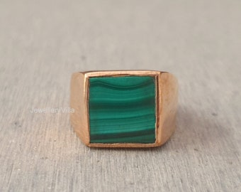 Anillo de malaquita, anillo grabado, anillo para hombre, anillo de malaquita para mujer, anillo de plata de ley sólida 925, anillo de piedra preciosa cuadrada plana