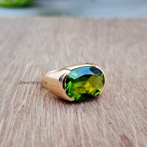 Green Peridot Signet Ring, 925 Sterling Silver Ring, Yellow Gold Ring, Copper Ring, Gift Ring, Cushion Cut Peridot Gemstone Jewelry Ring