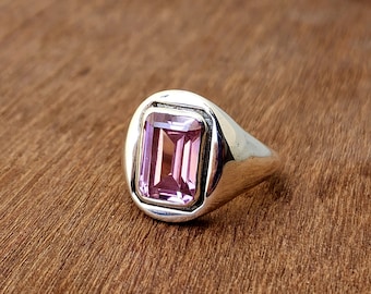 クンツァイトリング、925ソリッドスターリングシルバーリング、メンズ