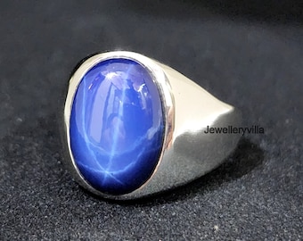 Star Blue Sapphire Signet Ring, Mens Ring, Blue Oval Gemstone Ring, 925 Sterling Silver Ring, Engraved Ring, 22K Yellow Gold Ring, Gift Ring