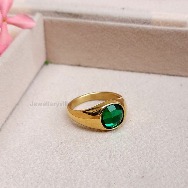 Round Emerald Signet Ring, 18k Yellow Gold Ring, Brolite Gemstone Ring, Women Ring, Men Ring, 925 Sterling Silver Ring, Birthstone Ring