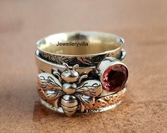 Pink Tourmaline Spinner Ring, Honey Bee Ring, Meditation Ring, Anxiety Ring, Boho Thumb Ring, Women Ring, Men Ring, 925 Sterling Silver Ring