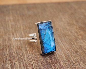 Natuurlijke rechthoekige labradorietring, 925 massief sterlingzilveren ring, vrouwenring, grote edelsteenring, cadeauring, boho-ring, labradorietsieraden