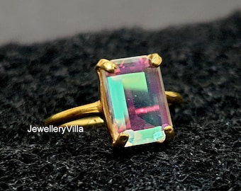 Angel Aura Quartz Ring, Beautiful Cushion Cut Aura Quartz Gemstone, 925 Solid Sterling Silver Ring, Women Ring, Gift Ring, Yellow Gold Fill