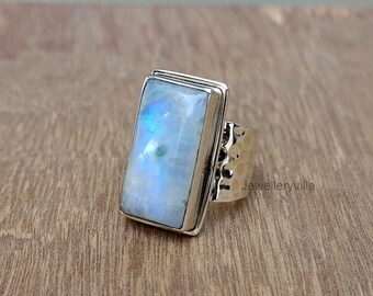 Moonstone Hammered Silver Ring, Handmade Boho Ring, 925 Sterling Silver Ring, Rectangle Big Moonstone Ring Jewelry, Women Ring, Gift Ring