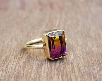 Bague amétrine, bague en or jaune, bague en argent sterling massif 925, bague avec pierres précieuses de couleur quartz amétrine multicolore, bague pour femme, bague cadeau