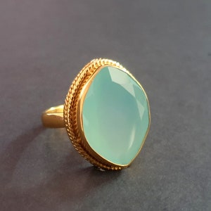 Aqua Chalcedony Ring, 925 Solid Sterling Silver Ring, Natural Chalcedony Gemstone Ring, Yellow Gold Ring, Women Ring, Gift Ring for Her