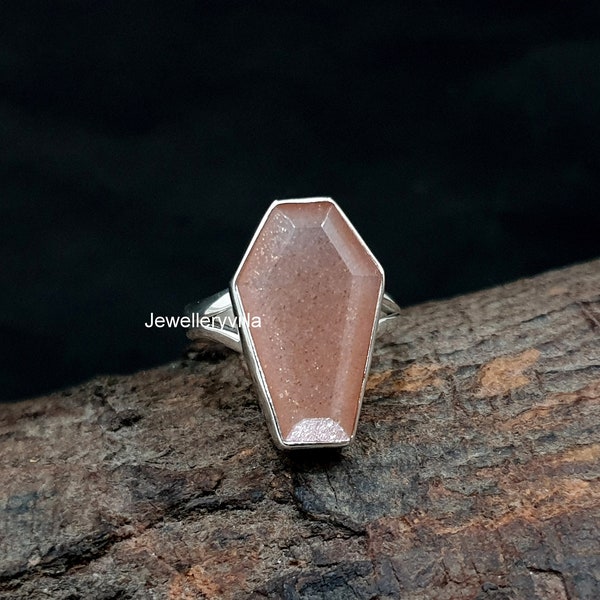 Peach Moonstone Ring, Coffin Ring, 925 Solid Silver, Coffin Shape Natural Peach Moonstone Gemstone Ring, Rose Gold, 22K Yellow Gold Fill