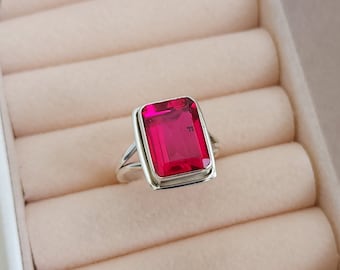 Pink Tourmaline Ring, 925 Solid Sterling Silver Ring, Emerald Cut Pink Tourmaline Quartz Gemstone, Boho Ring, Women Ring, Yellow Gold Ring