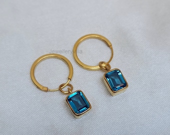 Blue Topaz Hoop Earrings, 925 Solid Sterling Silver Earrings, Gift for Her, Octagon Topaz Gemstone Earring, 18k Gold Hoop Earrings