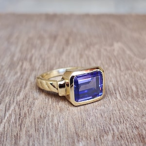 Blue Tanzanite Signet Ring, Yellow Gold Ring, 925 Sterling Silver Ring, Square Tanzanite Gemstone Ring, Solitaire Ring, Women Ring, Men Ring