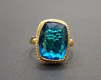 Blue Topaz Gold Ring, 925 Solid Sterling Silver, 22K Yellow Gold Fill Ring, Handmade Ring, Blue Quartz Stone Ring, Gemstone Ring, Gift Ring