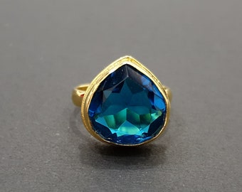 Blue Topaz Ring Quartz, 925 Solid Sterling Silver, Yellow Gold Ring, Blue Quartz Pear Gemstone Ring, Handmade Ring, Women Ring, Gift Ring
